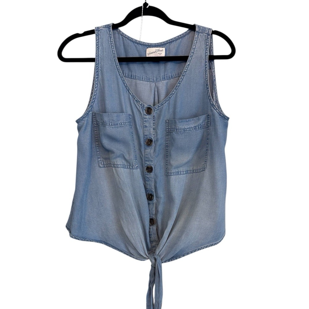Universal Thread Light Blue Denim Tie-Front Button Down Tank